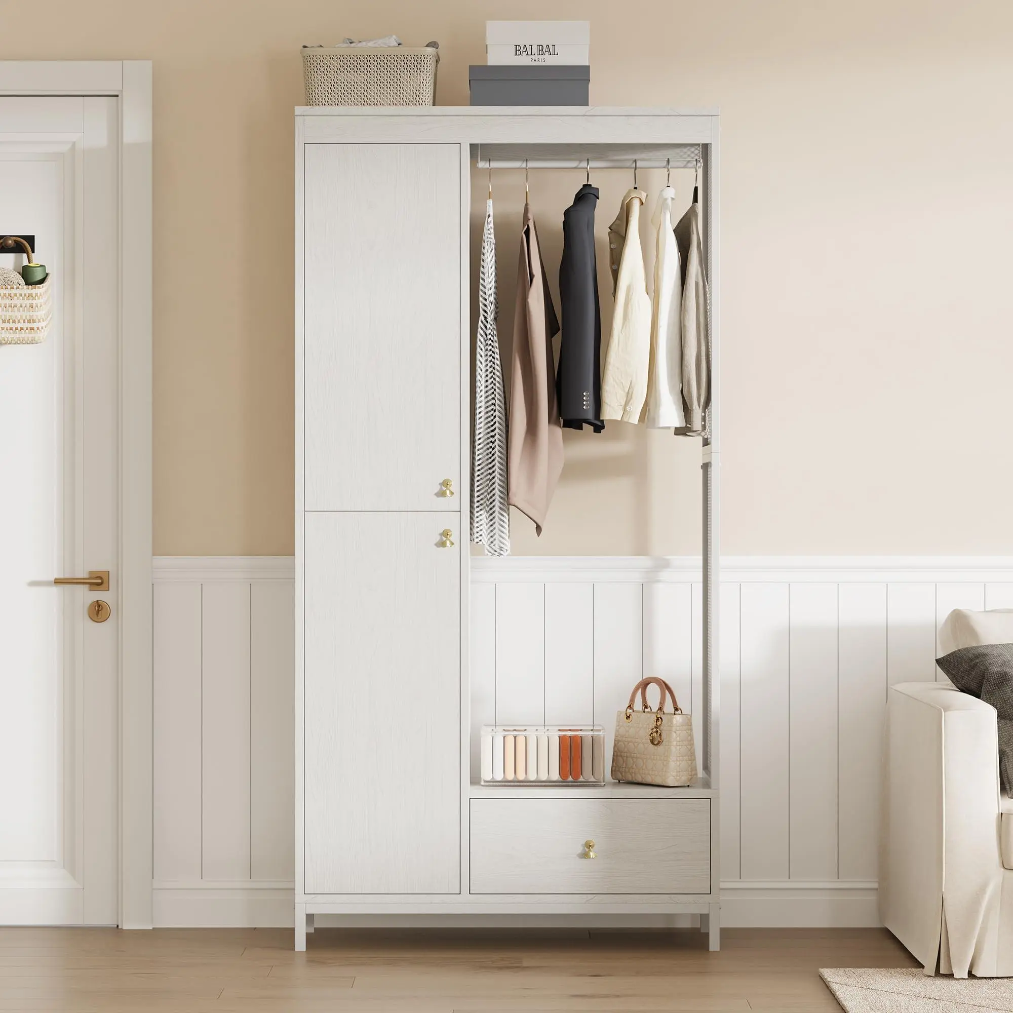 Garvee Spacious Storage Solution Armoire Wardrobe Closet – 78.9" Modern Wood & Metal Frame, Double Doors, Open Hanging Rod, Shelves, Large Bedding Compartment, Bottom Drawer, Freestanding – White