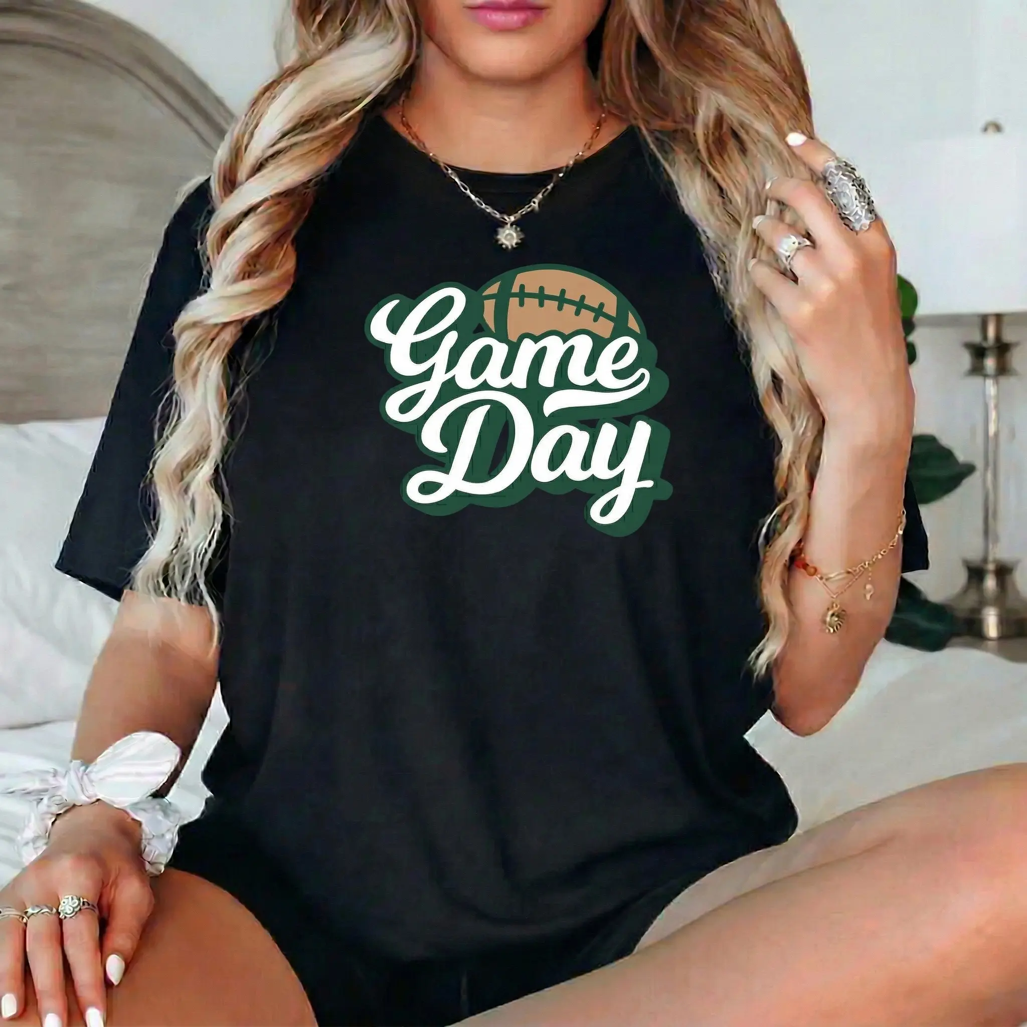 Women's Retro Game Day Graphic T-Shirt, a 100% Cotton Standard Fit Top for Football Spirit and Sunday Tailgates