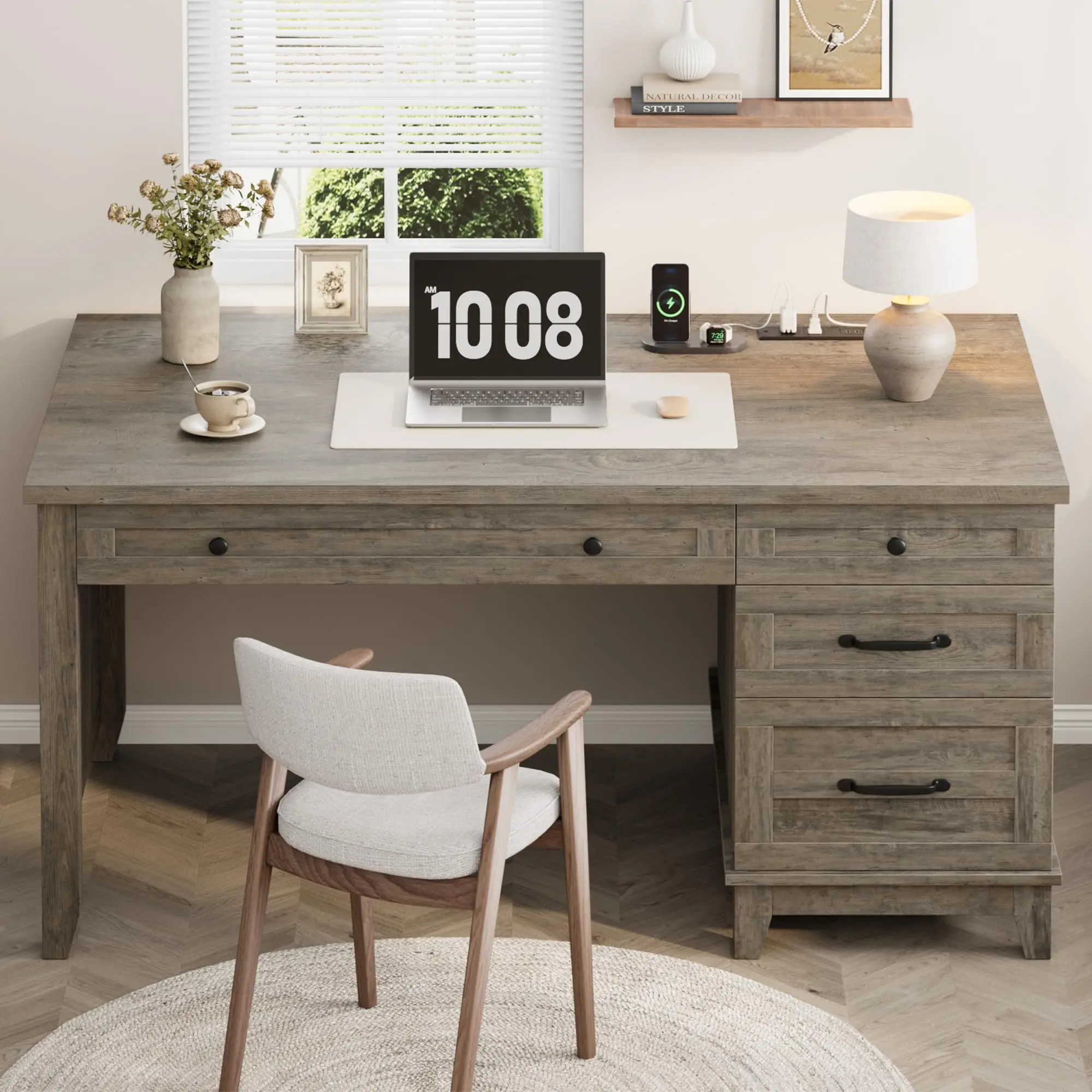 Garvee Rustic Wood Double Desk with Charging Station and 4 File Drawers, Spacious Dual Workstation Table for Two, Heavy-Duty Home Office Desk in Gray for Study or Work