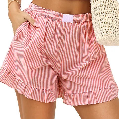 Marvmys Women's Cotton Check Ruffle/Lace Boxer Shorts - Summer Y2K Casual Beach Nightwear Bottoms with Pocket, S-2XL