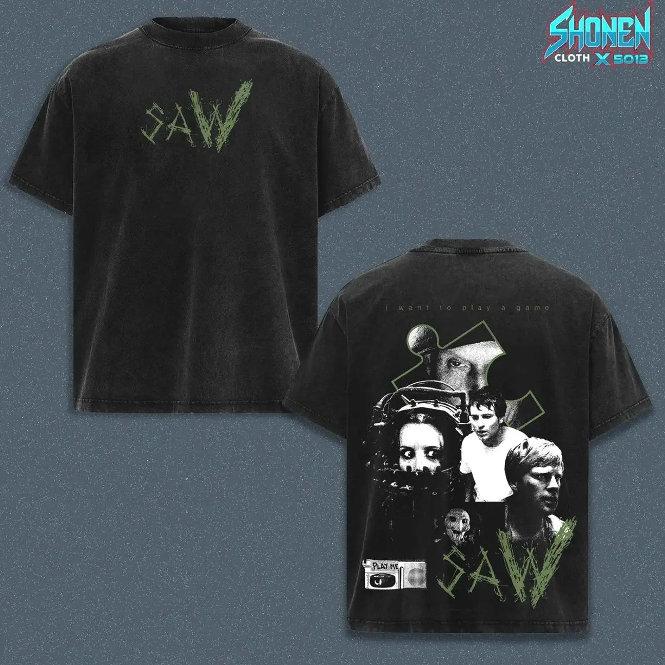 Saw Movie Gunmetal Wash Heavyweight Tee, Jigsaw Horror Graphic Boxy Fit Top, Ashen Black Streetwear Aesthetic, Billy The Puppet Gore Film Fan Merch DYQ