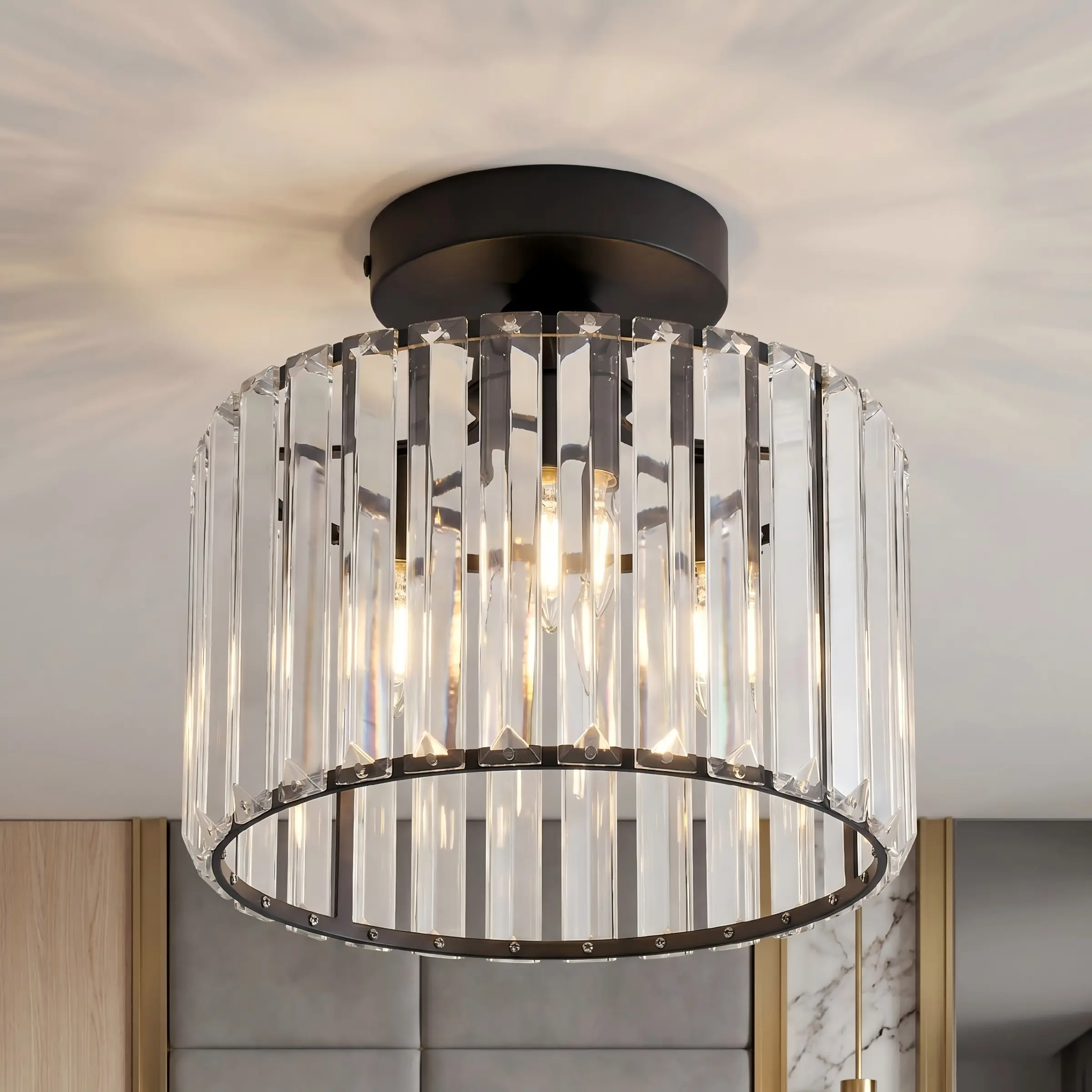 1pc Semi Flush Mount Modern Minimalistic Indoor Lighting Chandelier, Crystal Ceiling Light Fixture, Small Close to Ceiling Light, Adjustable Lighting for Living Room, Bedroom, Hallway, Bathroom, Kitchen, Entryway with E27x1 Base（Bulbs Not Included）