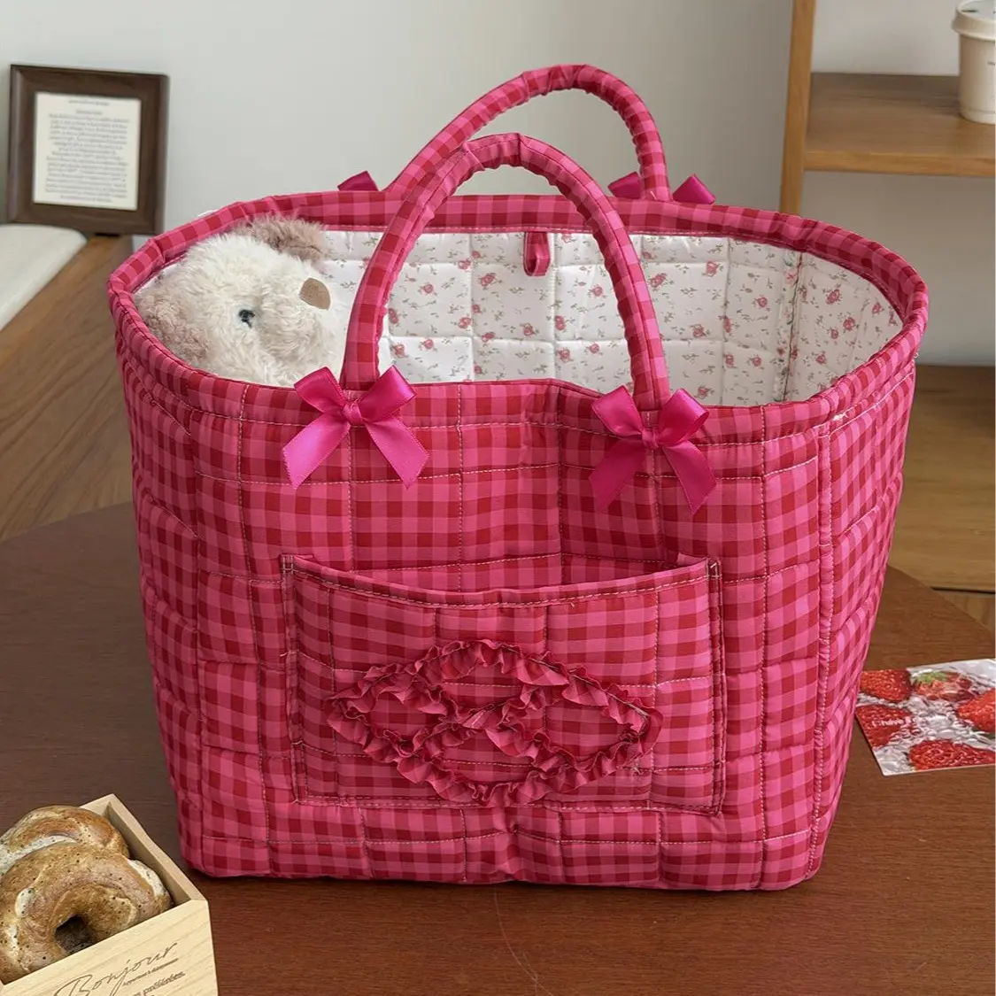 French Vintage Aesthetic Collapsible Storage Basket - Quilted Farmhouse Bin with Bow Handle, Washable Fabric, Multi-Use for Home, Car (Ideal for Toys), Mother's Day Gift for Moms