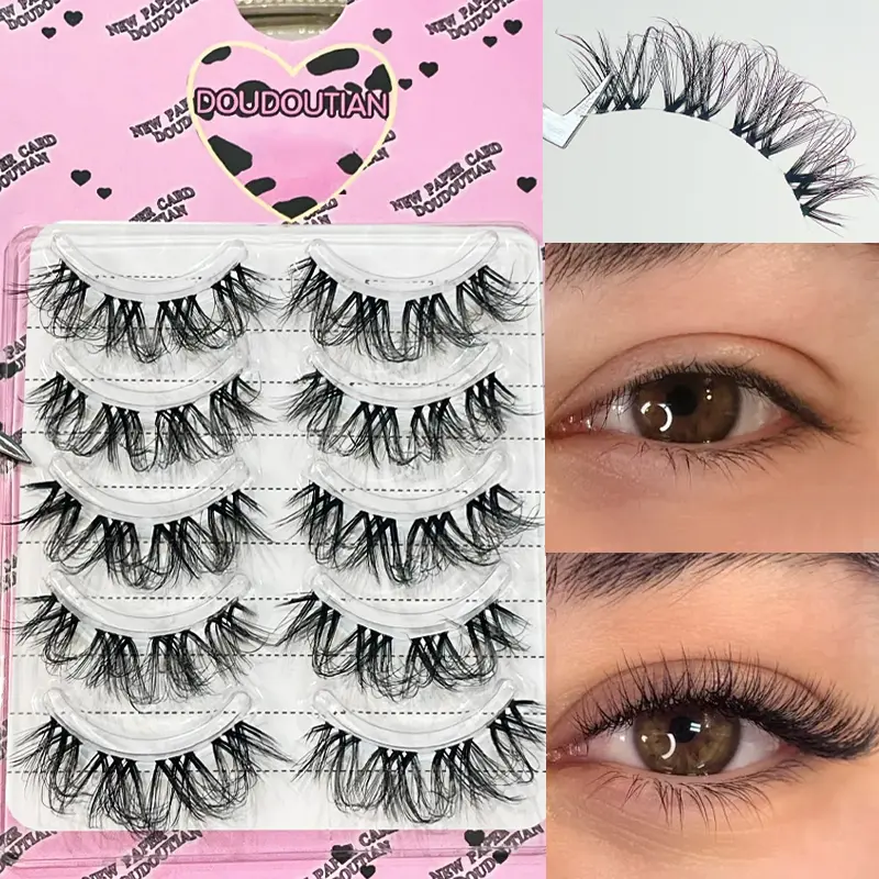 DUODUOTIAN C-Curl Cosmetic Cluster Lash Extensions (5 Pairs, 13-15mm) - Dense DIY, Thick Long, Curled Messy Upper Lashes, 3-Second Easy Application, Beginner-Friendly, Volumizing, Eye-Enlarging, for Stage Makeup, New York Baddie Style