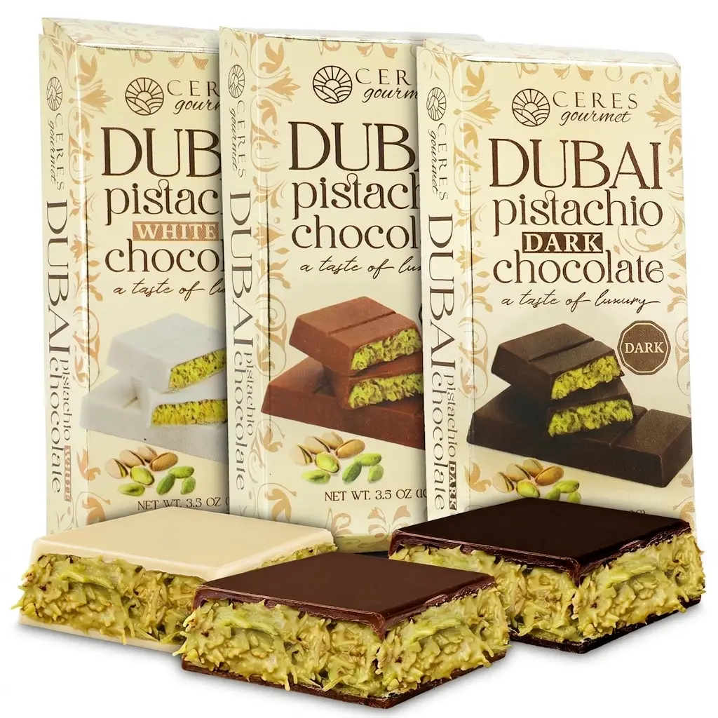 3 Pack -Dubai Chocolate Bars – Milk, Dark & White Chocolate – 3.5 oz Each- Pistachio Filled Crunchy Kataifi Bars | TikTok Viral