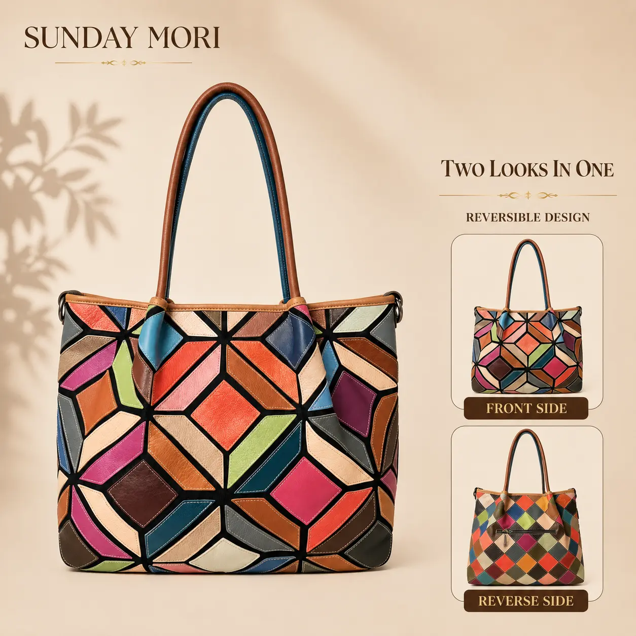 SUNDAY MORI Women's Genuine Leather Reversible Tote Bag - Fashionable Patterned (Diamond, Graphic, Geometric, Patchwork), High-Capacity, 13-Inch Laptop-Fit, Double Handle, Zippered, Dual-Functional Casual Office Commuter Handbag, Casual Office Handbag