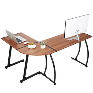 Segawe Modern L-Shaped Corner Computer Desk - Walnut Metal-and-Wood Office Workstation, Sturdy Metal Frame, Large Size, Beveled Edges, Adjustable Legs, Quick Setup, Corner Shape