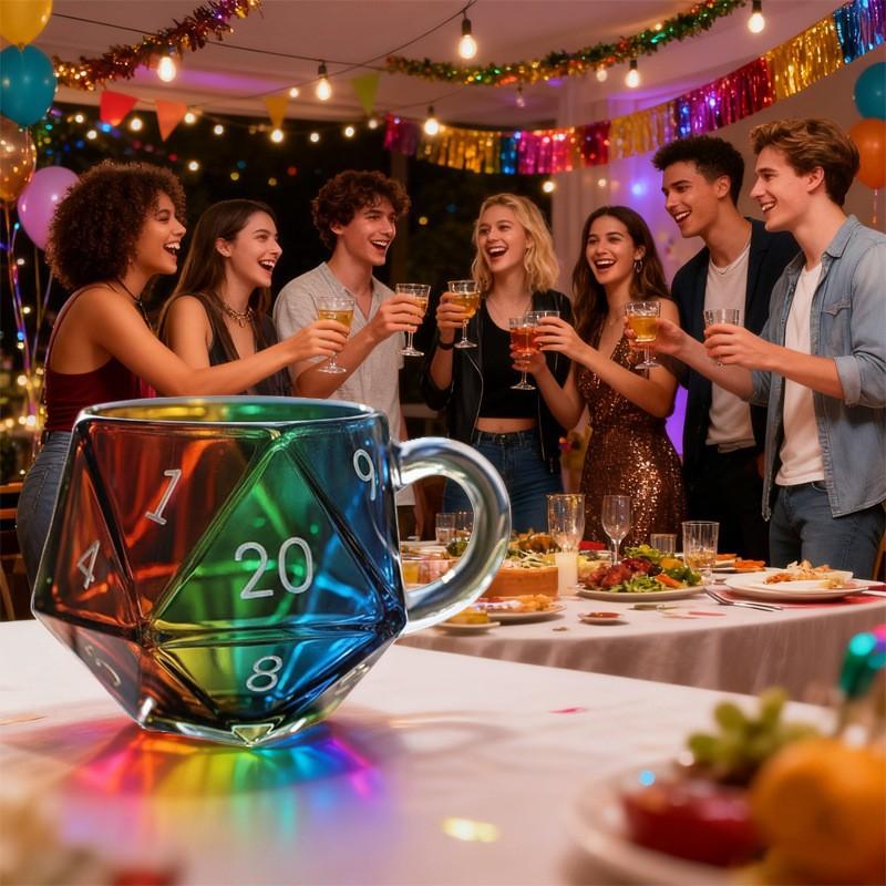 D20 Dice Glass Cup | Perfect for Game Nights, Birthdays & DnD Parties . 2026 Unique Rainbow Dice Mug, Multi-Sided Coffee Cup, Vibrant Rainbow Colors, Perfect for Gamers and Collectors, Creative Gift Idea