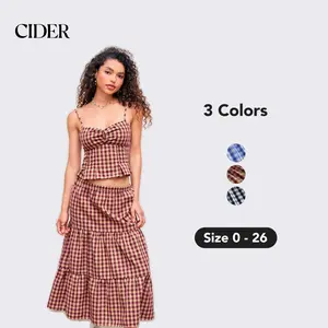 Cider [3 colors, size 0-26] Gingham V-neck Cami Top & High Rise Midi Skirt, Woven Sets for Office School Vacation, Summer Tartan Outfits for Women