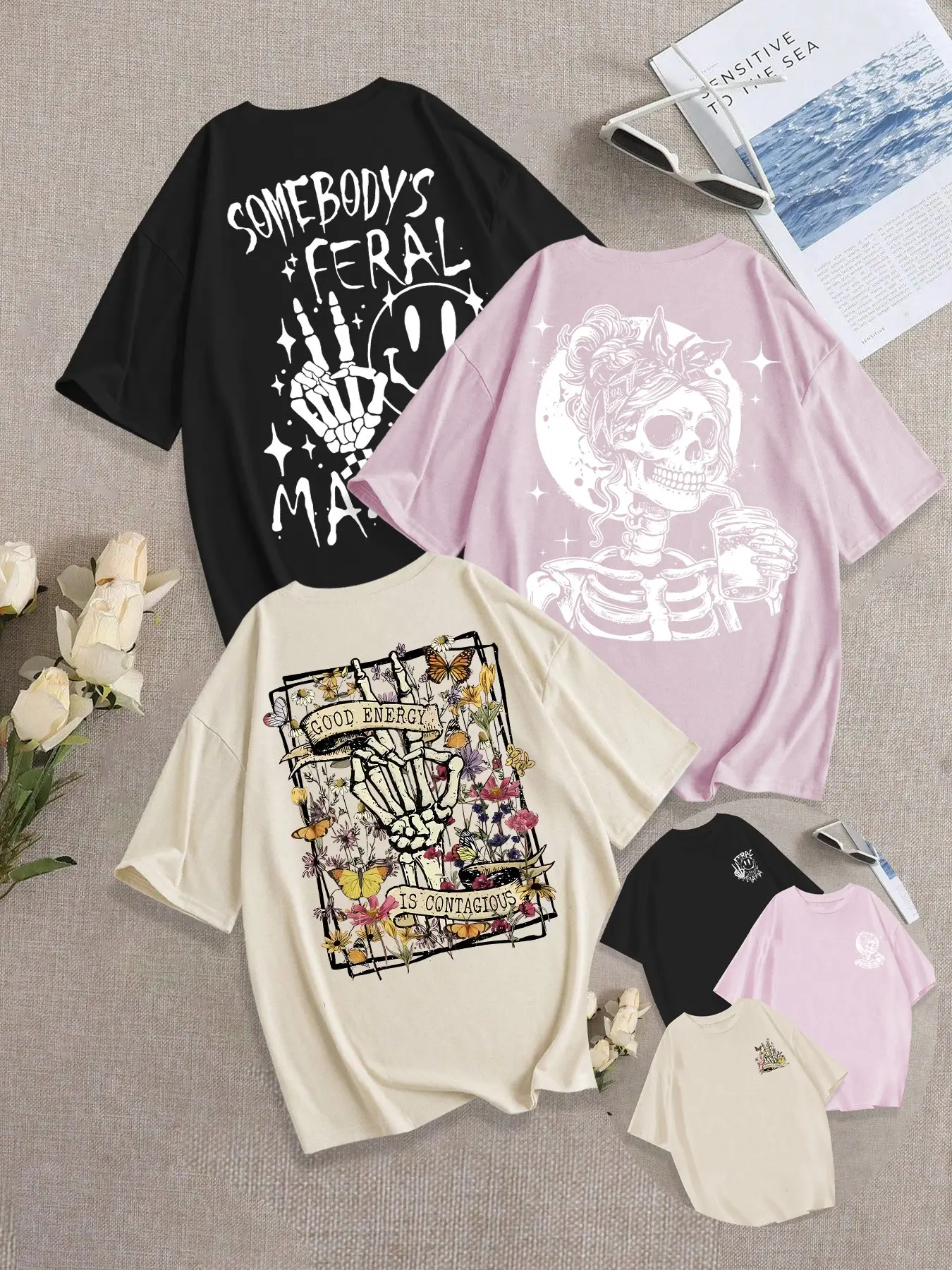 Women's Skull Print Breathable Casual T-Shirt, 3-Piece Loose Fit Round Neck Design Tees, Fashionable Comfortable Versatile Top for Daily Wear