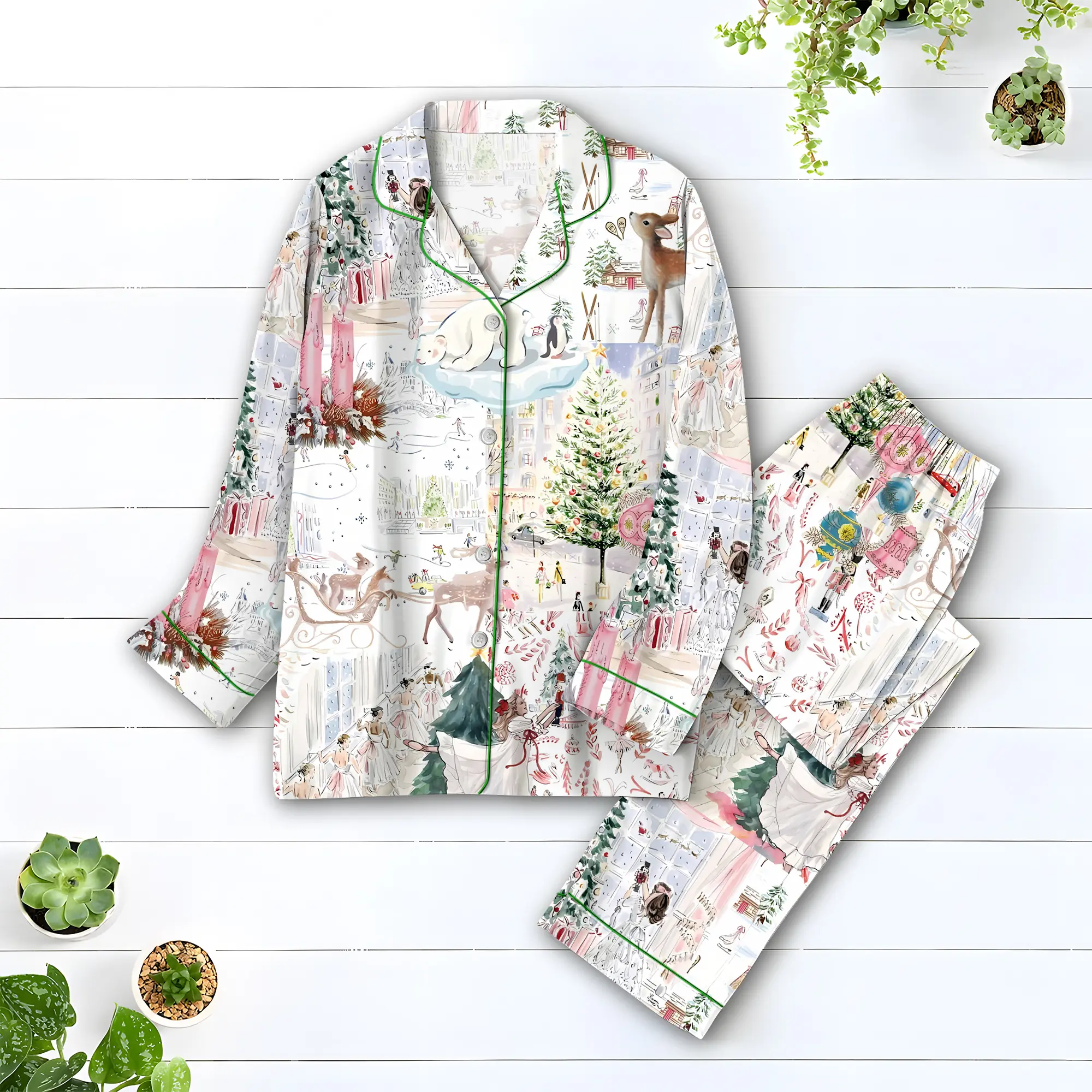 Women’s White Christmas Ballet Christmas Tree Elk Short Sleeve Satin Pajama Set, Pajama Nightwear Hot, Pajama Nightwear, Set for Her Women