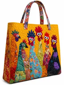 Quilted Rooster Tote Bag for Women Large Capacity Patchwork Chicken Art Shoulder Bag Cottagecore Gift Large Quilted Tote Bag Rooster Patchwork Print Lightweight Padded Shoulder Bag for Work Travel Beach Unique Chicken Art Gift for Mom turkey commuter