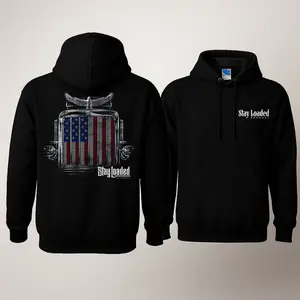 Stay Loaded Hoodie with 2 Sides Graphic, American Flag Semi Truck Grille Back Print with Eagle Detail and Bold Logo, Front Stay Loaded Apparel Chest Logo, Soft Cotton Blend Hoodie, Streetwear Apparel for Men and Women,