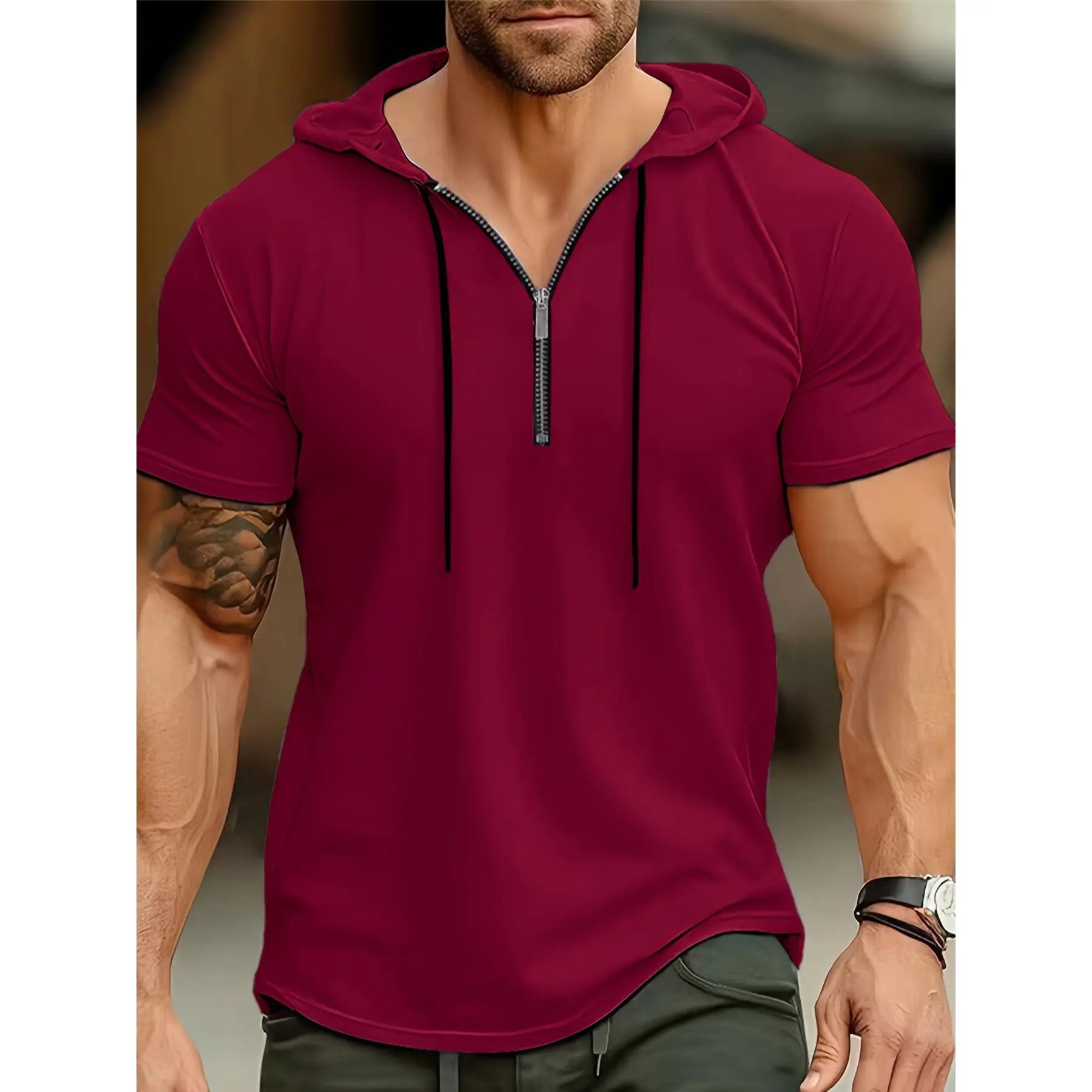 1pc Men's Casual Henley Shirt, Polyester  Short Sleeve Hooded T-Shirt with Quarter Zip, Solid Color Knit Fabric Top for Summer Sports & Fitness - Regular Fit