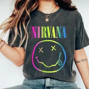 Nirvana Smile Face Classic Gift Preppy 90’s Utero Nirvana Tour Album Unisex Hot Pink Vintage Rock Band Oversized Merch Shirt Sweater Blue Smiley Graphic Tee Face Crewneck Sweatshirt Hoodie Classic T-shirt Clothing