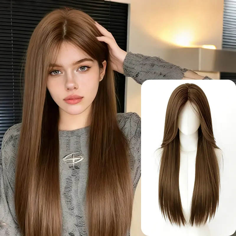 Lotfon Female Glueless Synthetic Hair Wig - Long Straight Flaxen Brown, Adjustable Head Circumference, Lightweight, Easy to Wear, Stylish Fit, Heat Resistant Full Machine Wig, Glueless Wig