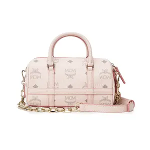 Women's MCM Delmy Visetos Monogram Leather Boston Bag - Mini Pink, with Chain Strap, Monogram Women's Handbags