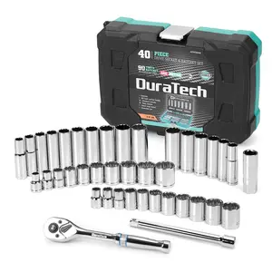 #fathersdaygift DURATECH 3/8" Drive Socket Set, 40 Piece Tool Set Including Standard (SAE) and Metric Sockets, 90-Tooth Ratchet Handle and Extension Bar