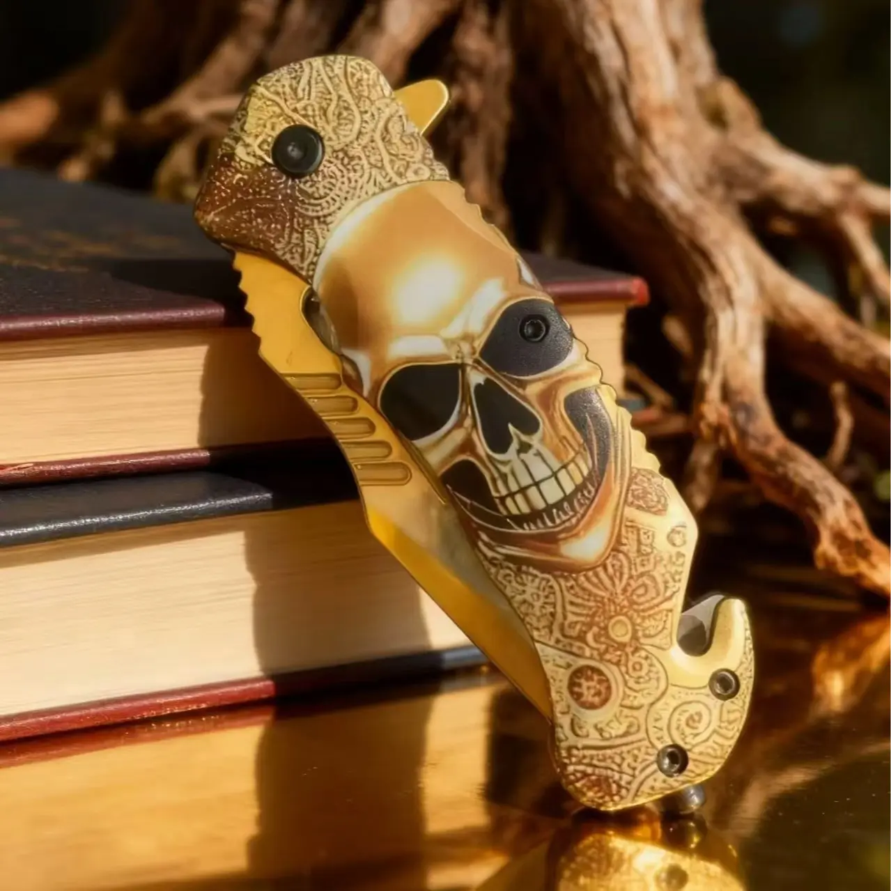 Golden Skull Tactical Pocket Knife - Stainless Steel Foldable Tools for Men, Compact Outdoor Gadgets with Anti-Slip Grip, Unique Gifts for Him, Stainless Steel Tool, Tactical Tool