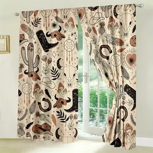 Western Cowboy Curtains Set, Home Decoration Curtain, Vintage Skull Boots Hats Cactus Design, 100% Polyester Semi-Transparent Window Screens, Drapes