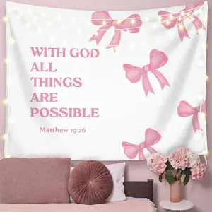 Coquette Pink Bow Christian Tapestry Wall Hanging, Preppy Room Decor, with God All Things are Possible Inspirational Bible Verse Wall Blanket Decor for Girls Room Dorm Apartment, 50x60 Inch