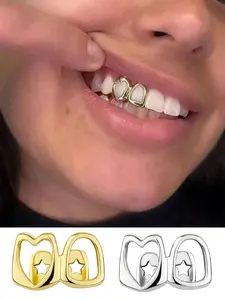 2Pcs Women's Teeth Grill Topper, Hollow Heart Design, Copper Material, Plated, Hip-Hop Fashion Accessory for Music Festivals