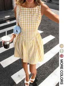 Women's Gingham Check Sleeveless Mini Dress, Round Neck, Open Back, Waist Tie Belt, A-Line Flared Skirt, Light crinkled woven fabric, Daily Casual Trendy Versatile Brunch Picnic Vacation Date Wear, Casual Fashionable Dress