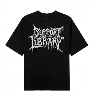 Gothic Graphic T-Shirt, Unisex Vintage "Support Your Local Library" Print, Casual Short Sleeve Round Neck Cotton Streetwear Top
