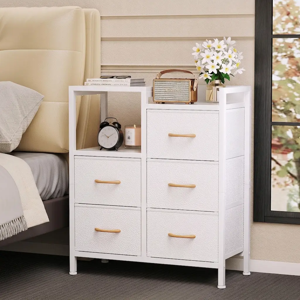 5 Drawer Fabric Wardrobe with Wooden Countertop, Multi-Layer Storage Cabinet for Bedroom, Living Room, Closet, and Entryway Organization, Spacious Clothes, Linen, and Household Item Organizer