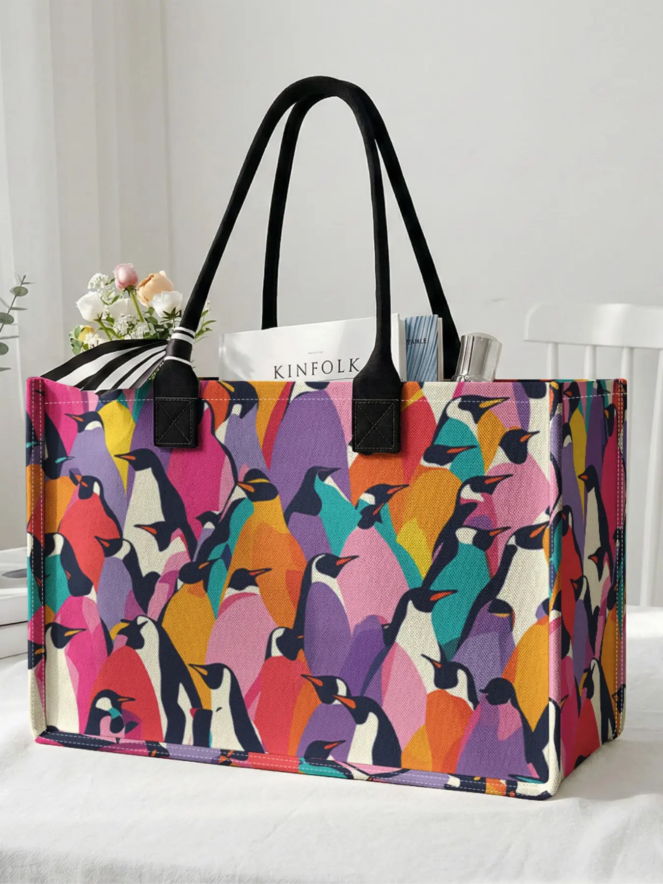 1 piece of colorful penguin pattern 2D printed large capacity storage bag, extra large storage bag, sturdy handle, space-saving multi-purpose, suitable for going to school, traveling, shopping