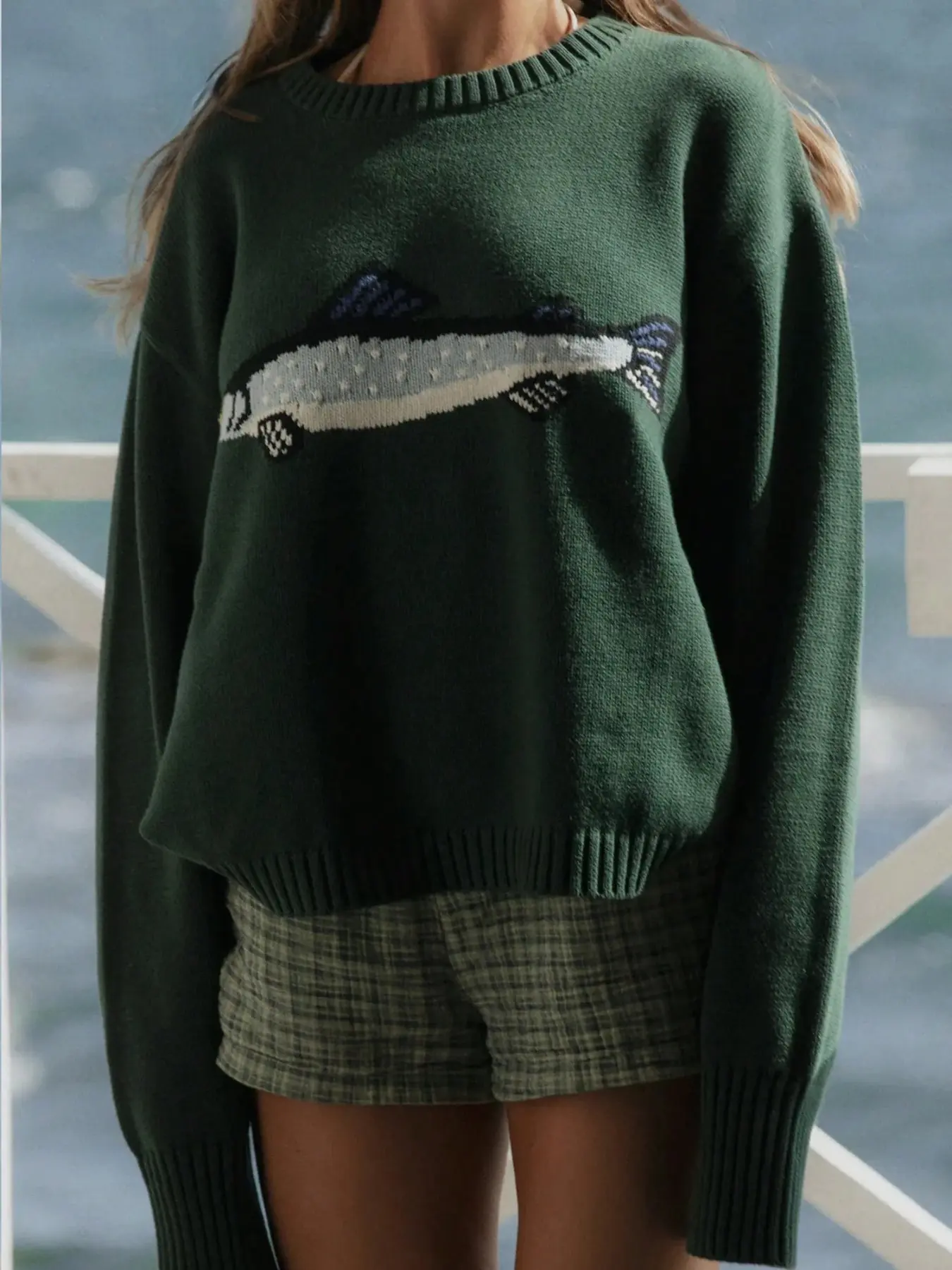 New Fashion Women's Sweater Tops, Autumn Winter Loose High Elastic Fit Round Neck Pullover Animal Fish Pattern Knitwear, Casual Everyday Wear