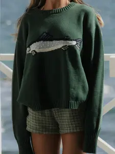 New Fashion Women's Sweater, Autumn Winter Loose High Elastic Fit Round Neck Pullover Fish Pattern Knitwear, Casual Style