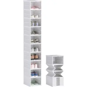 10 Pack Foldable Shoe Organizer, Plastic No Assembly Stackable Shoe Storage Box with Clear Door, Space Saving, Fit up to US Size 10, White