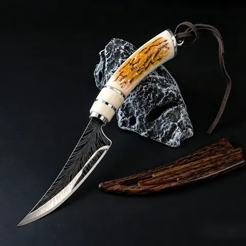 Fixed Blade Food Prep Hand Tool - Natural High-Density Resin Antler-Style Non-Slip Grip, Exquisite Feather-Textured Blade, Ergonomic Precision Tool for Outdoor Picnic & Food Preparation