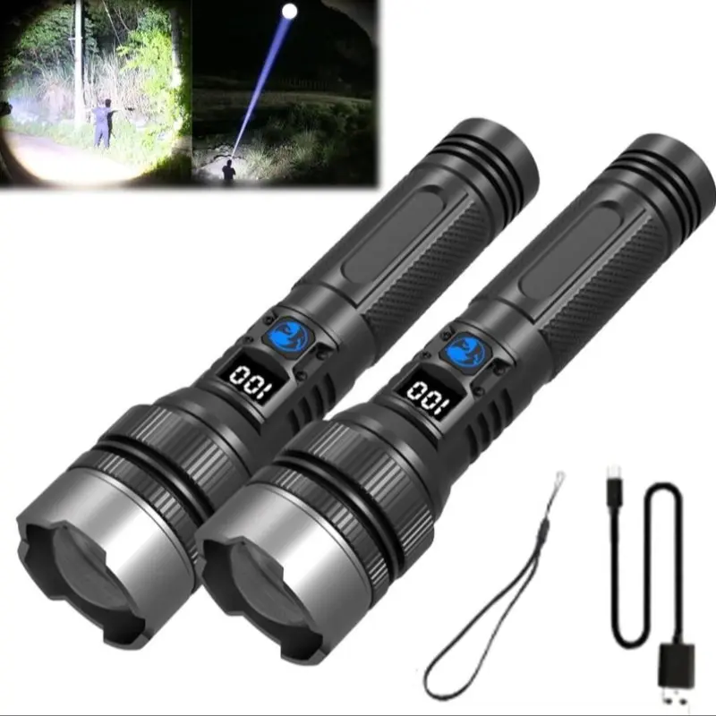 2pcs 2-In-1 Power Bank High Performance Multifunctional Flashlight, Super Bright, USB Rechargeable, Zoomable, Compact Design, Ideal for Camping, Fishing, Emergencies