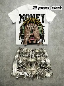 Cool 'money' Print Short Sleeve + Camo Shorts Set, Street Style, Unique Look, Easy Trendy Fashion, Casual Wear, Streetwear, Camouflage, Graphic