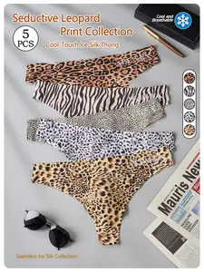 5pcs Men's Leopard Print Thong Underwear, Colorful Cool Ice Silk Fabric, Breathable Soft Underwear, Breathable Quick-Dry Sport Style, Comfortable No-Show Design, Breathable Undergarments