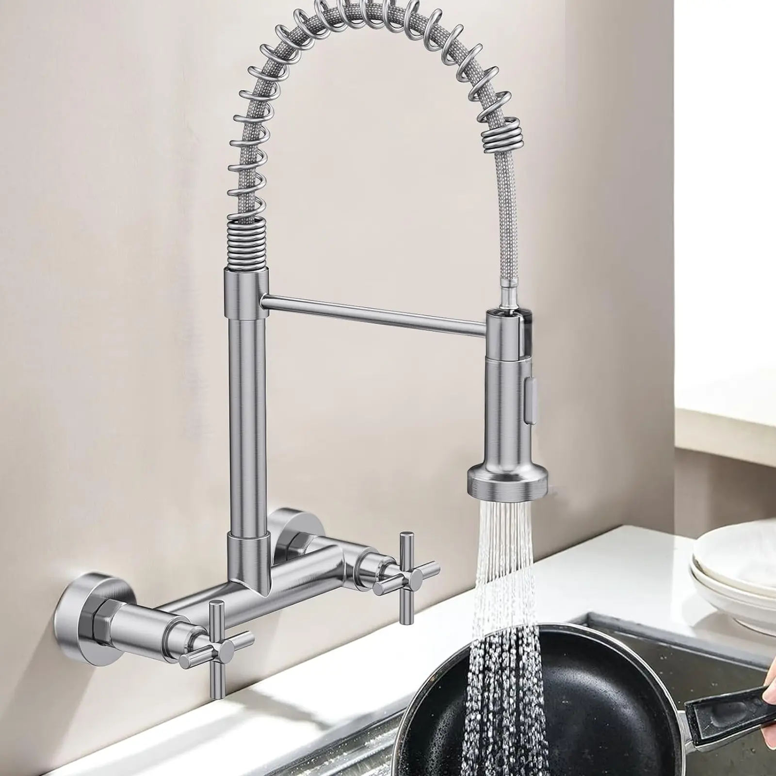 Stainless Steel Modern Wall Mount Kitchen Faucet - 8-Inch Center Adjustable Wall Mount Faucet Kitchen Taps with 360° Swivel Pull-Down Sprayer, Double Cross Control for Restaurants, Food Trucks, Nickel