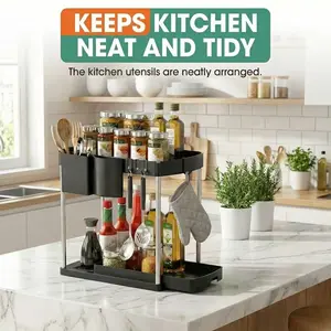 Kitchen Storage Organizer Under Sink Organizer 2 Tier Pull Out Cabinet Shelf Space Saving Sliding Tray Waterproof Carbon Steel Heavy Duty Multi Purpose Storage Rack for Bathroom Kitchen Pantry Countertop Spice Bottle Cleaning Supplies Organization Home