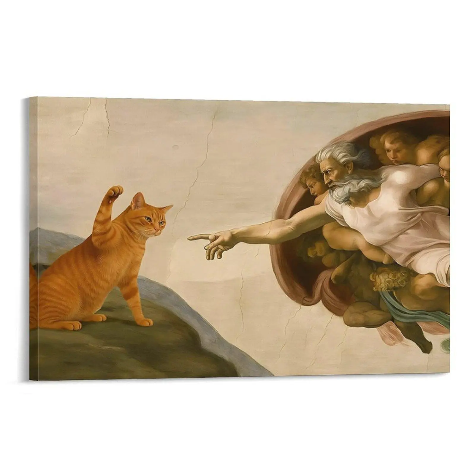 Michelangelo Renaissance Cat & Adam Parody Artwork Poster Print - Unframed Animal Home Decor, Customizable 20x30inch(50x75cm) Canvas, Funny Gift for Guys, Office-Bedroom Home Supplies, Garden Decor (as the image shows)