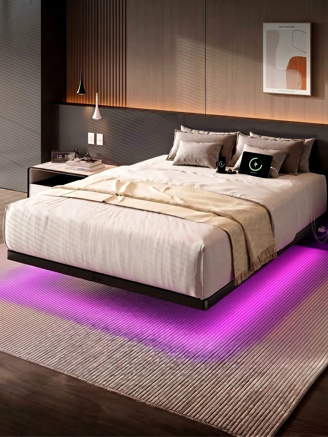 【SummerFinds】ONBRILL LED Floating Bed Frame, Queen Bed Frame with Power Outlet, Heavy Duty Metal Platform Bed Frame, Easy Assembly, No Box Spring Needed, Noise-Free, Bedroom Furniture, Stylish Furniture