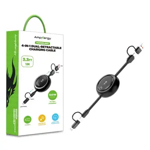 AmpNergy PowerLines 4-in-1 Dual-Retractable Charging Cable 3FT 100W Output Fast Charging USB-C Lightning & Micro USB for Travelers