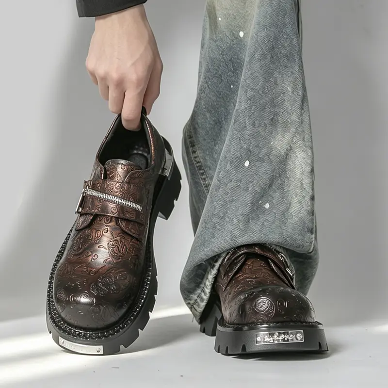 Ubetif Men Cyberpunk Patterned Derby Shoes - Embossed Metallic Accent Chunky Oxfords，Casual Slip-on Monster Shoes，Vintage Silver Metallic Loafers，Trendy Chunky Dress Shoes tiktokshopbacktoschool