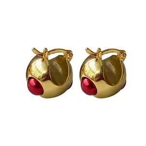 French three-dimensional ball, red medieval earrings, enamel earrings, buckles