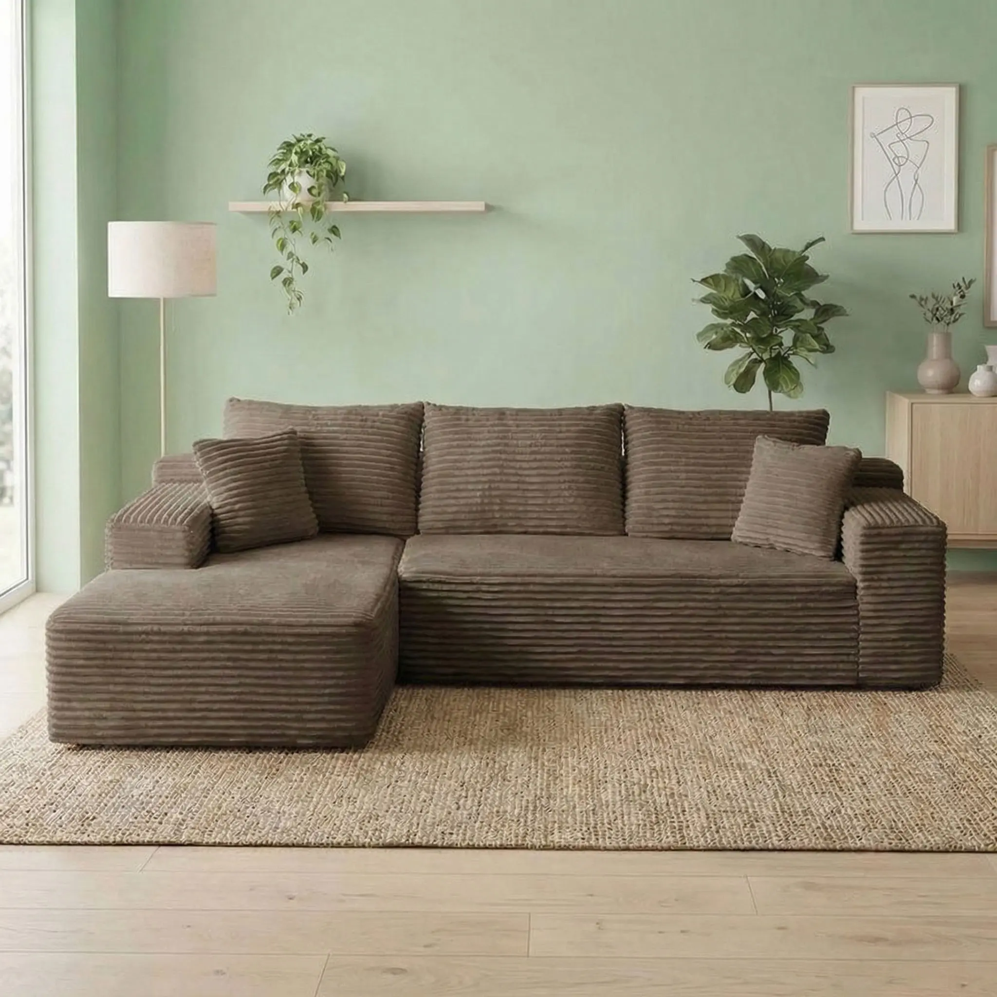 QIMENG 106" Modern L-Shaped Corduroy Upholstered Sectional Cloud Couch - 2-Package Shipping, Compression Modular Design, Reclining Chair, High-Quality Sponge Cushions, Pre-Assembled, Fixed Arms, Vintage Luxury Living Room Furniture, Apartment Decor