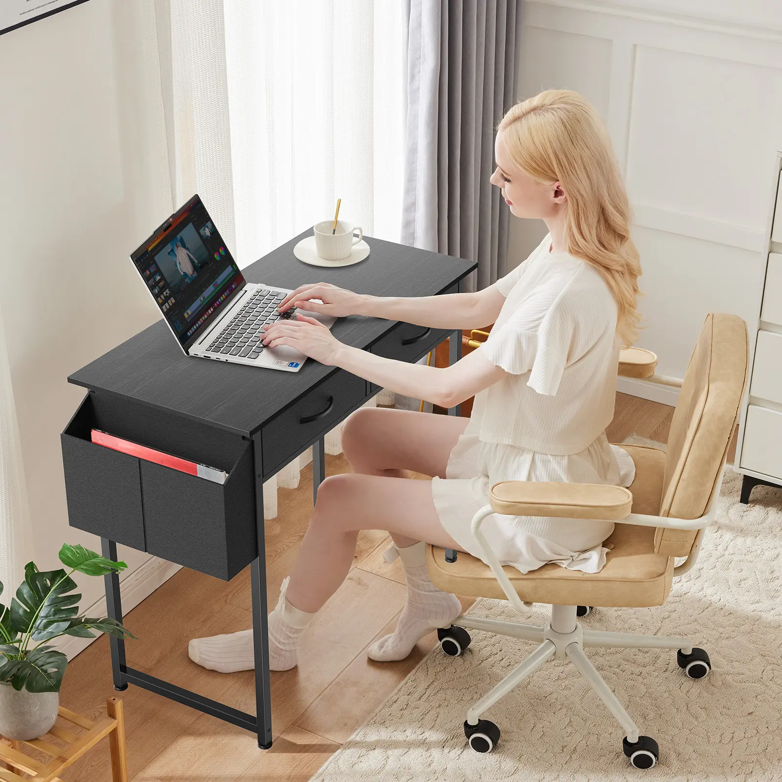 Black Computer Desk w/ Storage Drawers - 32x15.7 Inch Office Desk, 2-Tier Drawer, Modern Design for Home, Bedroom, Study