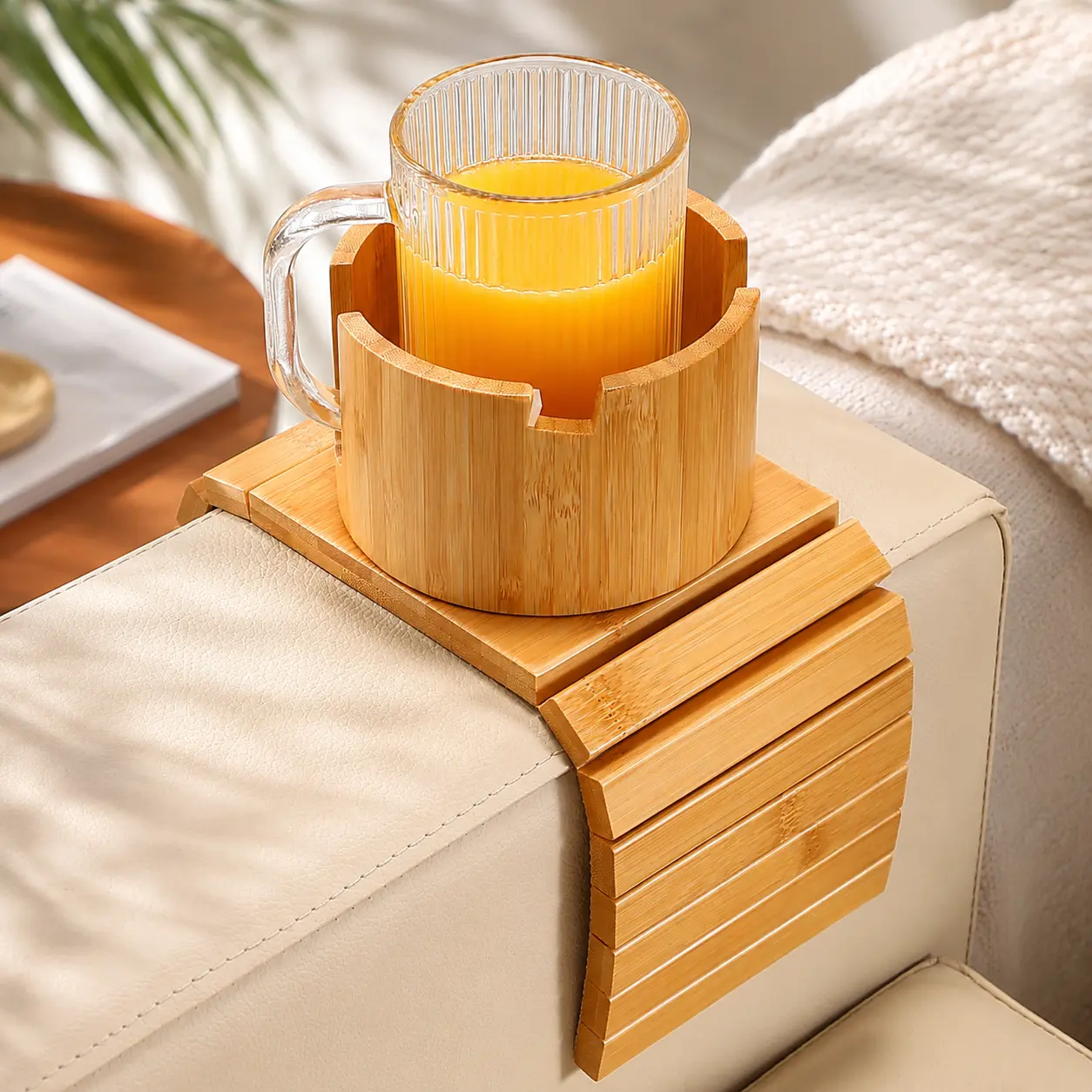 Eco-Friendly Bamboo Sofa Armrest Tray - 360° Rotatable Phone Stand, Foldable Anti-Slip Removable Waterproof Square Tray, Soft Wide Arm Fit, Ideal for Christmas, Holidays, Birthdays, Retro Look Living Room Console Table