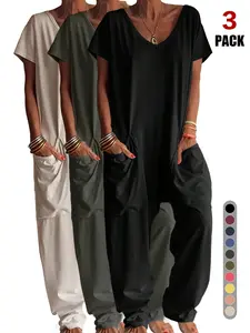 Women's Summer Solid Color V-Neck Oversized Pocket Jumpsuit, Casual Loose-Fitting Home Wear, All Season Universal Clothing
