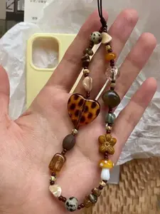 Vintage Heart-Shaped Mushroom, Amber Color Phone Lanyard, Phone Charm, Retro Design Accessory, Unique Gift Idea, Durable Material