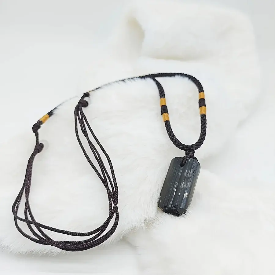 Raw Rough Crystal Gemstone Necklace, Natural Black Tourmaline Pendant Cord Necklace, Healing Protection Inner Peace Balance Protection Necklace